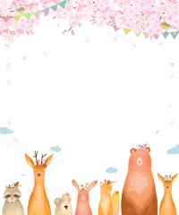 森の動物が旗揺らめく満開の桜の木の下にいる春の北欧風かわいいフレームイラストベクター素材 
