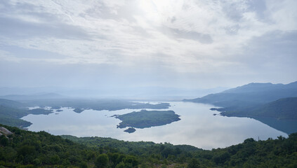 Salt Slano lake with islands in Montenegro