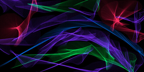 Multicolored network on a black background. colorful dynamic lines on a dark texture. virtual reality concept. 3d image. radio waves illustration