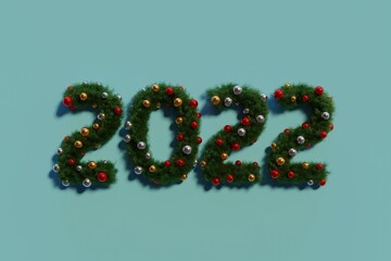 2022 New Year Christmas wreath text with colourful ornaments
