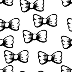 Seamless pattern with butterfly tie. Sketch elegant clothing accessory for suit. Black and white present element. Ribbon bow. Gift bow. Bow tie. Hand drawn line art vector illustration