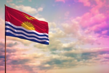 Fluttering Kiribati flag mockup with the space for your content on colorful cloudy sky background.