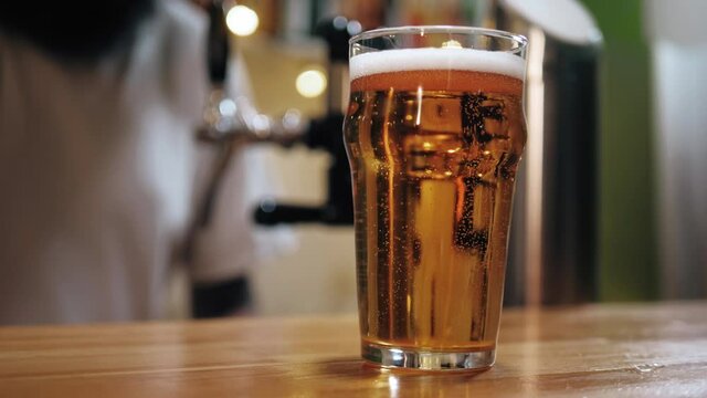 Foamy beer in glass close-up. Alcohol golden drink, barman putting beer in mug on table. Macro shooting of fresh pale ale on bar counter background in pub. 