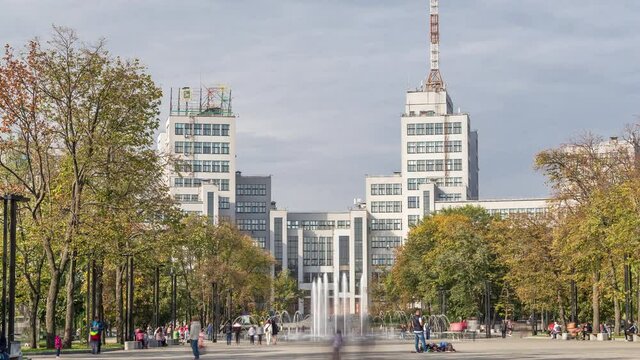 Gosprom building on the Freedom square with new dry fountain in Kharkov city timelapse, Ukraine