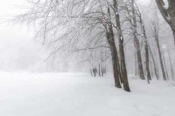 Fototapeta na wymiar Snowy and frozen mountain road in winter landscape