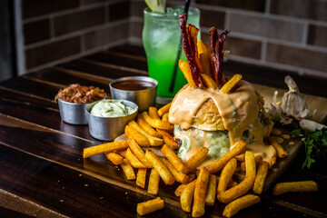 Perfect Burger Classic Bacon Homemade Artisan Tomato Sauce Sausage Melted Cheese Milk Shake Onion Chicken Meat Pasta Shrimp Restaurant Menu Gourmet on a wooden table