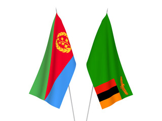 National fabric flags of Republic of Zambia and Eritrea isolated on white background. 3d rendering illustration.