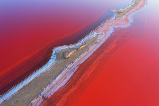 Salty pink lake with healing water. Drone view.