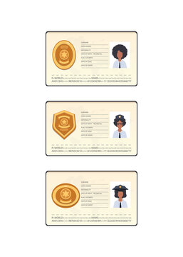 Set of female ID police documents vector flat icon isolated.