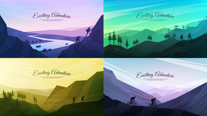 Vector backgrounds set. Travel concept of discovering, exploring and observing nature. Hiking. Adventure tourism. Flat design template of gift cards, banner, invitation, poster, website layout.