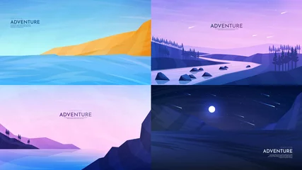 Foto auf Glas Vector illustration. Set of flat landscape backgrounds. Geometric minimalist, polygonal style. Sky with clouds. Sea coastline, mountain river in wild, night meadow scene. Natural wallpapers with text © VVadi4ka