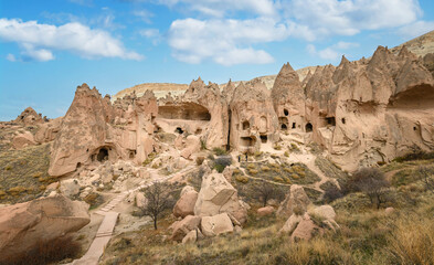 Fototapeta premium Zelve Valley in Goreme, Cappadocia, Turkey. Cave town and houses at rock formations. 