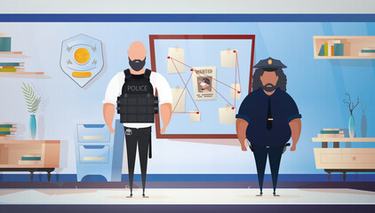 Obraz premium Policemen or militiamen in Police station or department, investigation office room interior, cartoon illustration.
