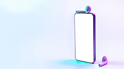 Screen mockup. Mobile smartphone technology blank screen. Mock up smart phone device, audio headphones on neon gradient banner. Game design, mobile application presentation or portfolio mockups.