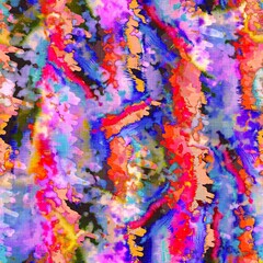 Messy summer tie dye batik beach wear pattern. Seamless colorful stain space dyed effect fashion. Washed out soft furnishing background. 