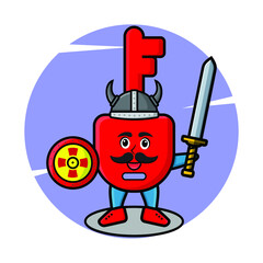 Cute cartoon character Padlock key viking pirate with hat and holding sword and shield in cute modern style design for t-shirt, sticker, logo element, poster