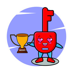 Cute Cartoon character illustration of padlock key is holding up the golden trophy with happy gesture, cute modern style design for t-shirt, sticker, logo element