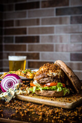 Perfect Burger Classic Bacon Homemade Artisan Tomato Sauce Sausage Melted Cheese Milk Shake Onion Chicken Meat Pasta Shrimp Restaurant Menu Gourmet on a wooden table