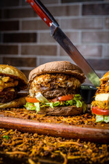 Perfect Burger Classic Bacon Homemade Artisan Tomato Sauce Sausage Melted Cheese Milk Shake Onion Chicken Meat Pasta Shrimp Restaurant Menu Gourmet on a wooden table