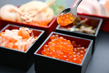 A delicious Japanese meal Pictures of salmon roe　New Year's dishes 'osechi'