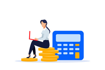 Vector of a business woman sitting on a pile of gold coins working on laptop computer