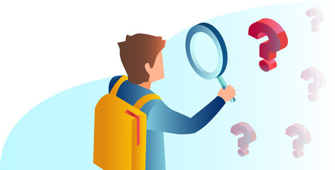 Vector of a man a student with magnifying glass searching for answers to his questions