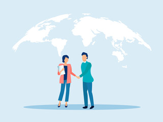 Vector of a young man and a woman handshaking on a earth map background