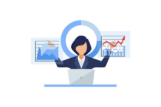 Vector of a business woman working on laptop computer analysing financial charts