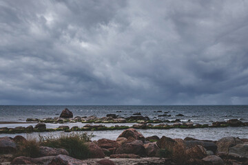 Fototapeta na wymiar Baltic sea beach in Riga gulf with huge granite boulders