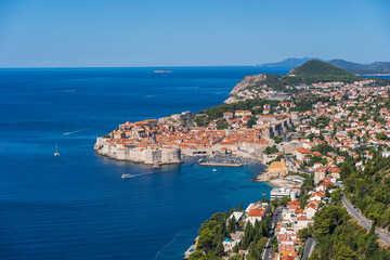 Naklejka na ściany i meble Aerial view of the old town Dubrovnik, blue sea and mountains, Croatia