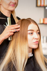 Fototapeta premium Gorgeous blonde long hair woman and her hairdresser looking and checking out hairstyle. Beautiful hairstyle of a young blonde woman after dying hair in a beauty salon, results of hair treatment