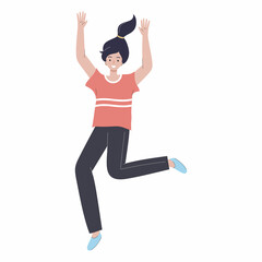 Happy girl is jumping for joy. Vector symbol in flat style.