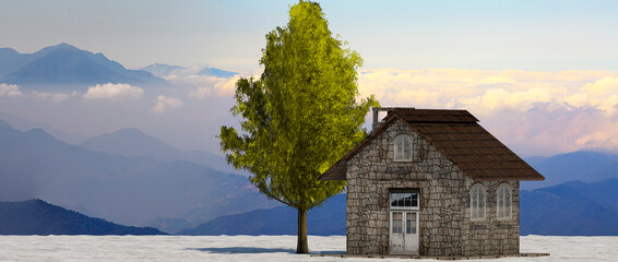 3d rendering tree and house in full leaf in winter  against sky