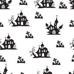 Horror Castle and Cemetery Vector Graphic Illustration Seamless Pattern