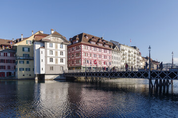 Lucerne, Switzerland, View of historic buildings along the Reuss River