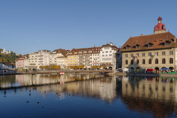 Fototapeta na wymiar Lucerne, Switzerland, View of historic buildings along the Reuss River