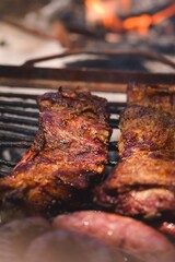 Roasted red meat over the grill in a traditional Argentinian asado. Close up detail.
