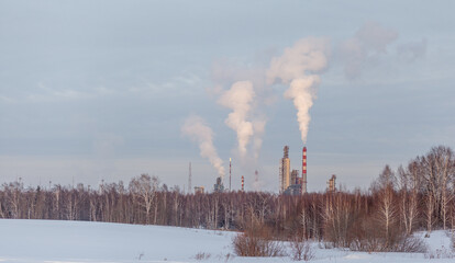 Petrochemical industrial factory of heavy industry, power refinery production with smoke...