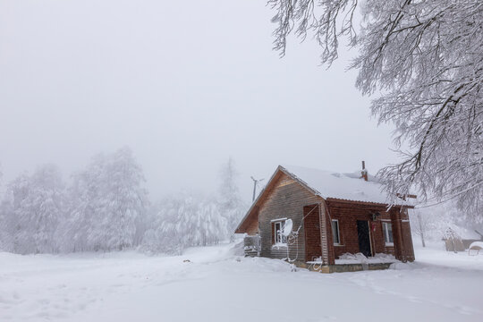 a lonely chalet in white snow, kartepe, kocaeli, turkey