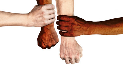 The hands of people of different nationalities and skin colors hold each other's wrists. The concept of tolerance, love and the fight against racism. Isolated white background. BLM.
