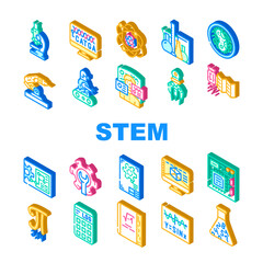 Stem Engineer Process And Science Icons Set Vector. Educational Book And Trigonometry Formula, Stem Engineering Processing Laboratory Researching, Software And Technology Isometric Sign Color
