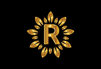 Initial R monogram letter alphabet with golden leaf wreath.Flower logo design concept