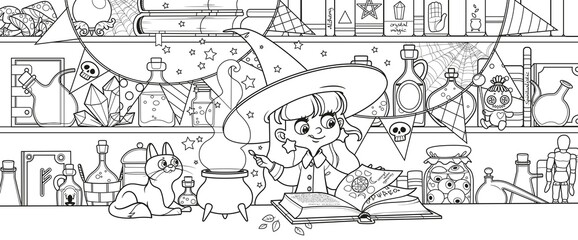Cute witch girl brews a potion in her magic shop outlined for coloring on white background