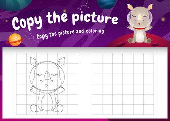 copy the picture kids game and coloring page with a cute rhino in the space galaxy