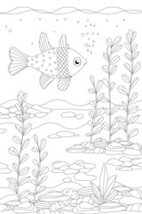 swimming pretty fish among seaweed for your coloring book