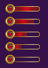Colorful progress bar set, vector illustration. Health scale in the game