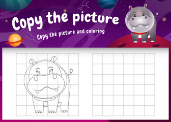 copy the picture kids game and coloring page with a cute hippo in the space galaxy