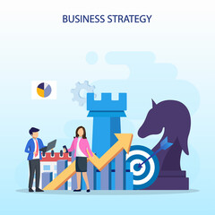 Business strategy concept, People are planning, team metaphor, Target achievement, Strategic and tactics chess pieces. Flat vector template style Suitable for Web Landing Pages.