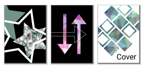 Cover design. Set of 3 covers. Imitation of crumpled paper. Unusual bright abstract background for magazine, book, splash, banner, vector. Imitation of crumpled paper