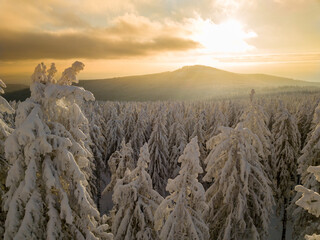 Luftbild mit Drohne des schneebedeckten Taunus im Winter im Sonnenschein der Morgensonne, Hessen Deutschland